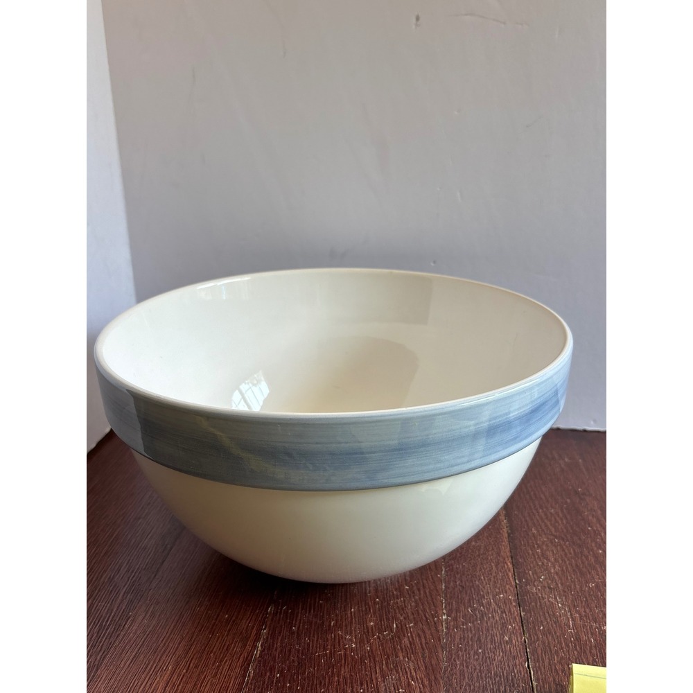 Large Heavy Ceramic Serving Bowl Cream with Blue Rim Band 12 Inch Round